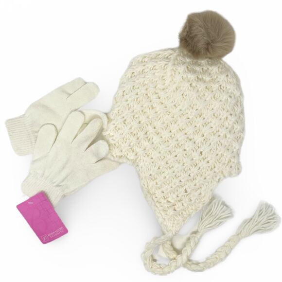 Cream Crochet Winter Hat & Gloves Set Pom Fleece Lined Ski NWT One Size - Picture 2 of 7